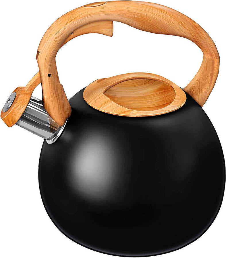 Hervidor de inducción, Hervidor SMILE con Silbato, 3 L, Mango de imitación de Madera de Acero Inoxidable Negro