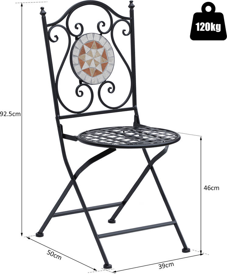 Outsunny Set De 2 sillas plegables bistro asiento mosaico para terraza acero carga 120kg negro 39x50x925 84b252