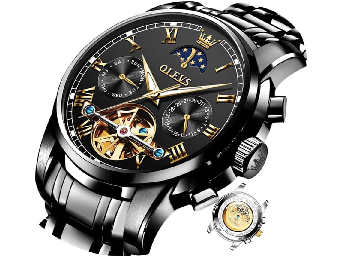 VEANXIN Reloj mecanico automatico para Hombre Fase Lunar Hueco Acero Inoxidable 3AT Luminoso Reloj Impermeable para Hombre negro Worten.es