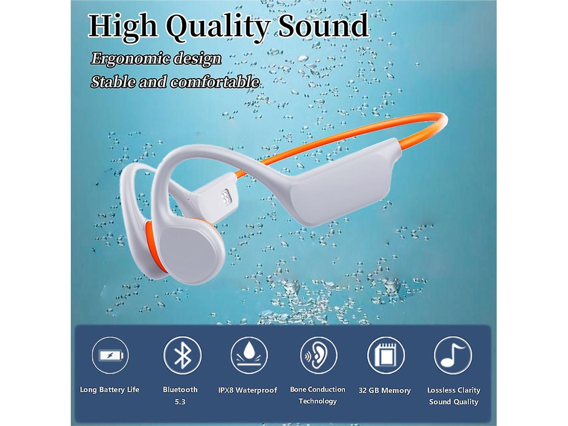 Auriculares Conducción ósea impermeable Ipx8 natación con reproductor de MP3  incorporado 32G memoria naranja blanco