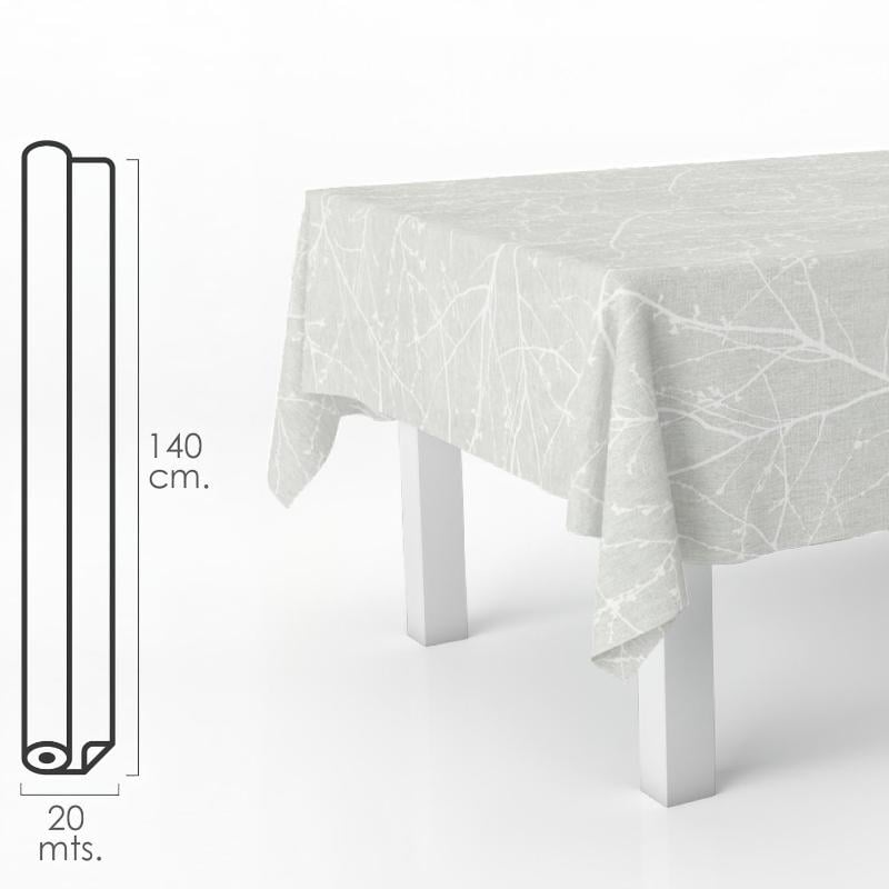 Mantel hule rectangular ramas gris. impermeable antimanchas pvc 140 cm. x 20 metros. rollo recortable. interior y exterior