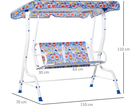 Outsunny Columpio De infantil 2 plazas para niños +3 años con toldo ajustable en terraza carga 60 kg 110x70x110 cm azul y 3 110 70