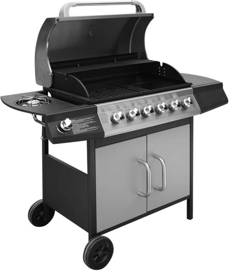 Barbacoa VIDAXL Gas 6+1 Quemadores (Negro y Gris - SPCC y Acero Inoxidable - 133 x 58 x 108 cm)