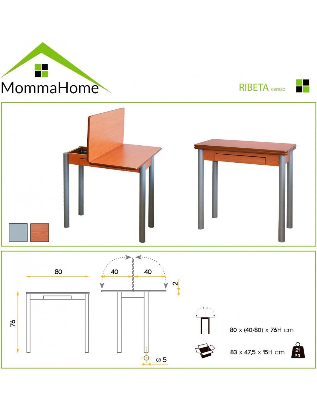 Mesa Cocina Extensible Madera Ribeta MOMMA HOME (Cerezo - Aglomerado -80x40/80x78 cm)