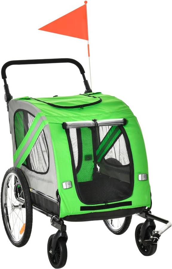 Remolque Para Bicicletas perros pawhut 713090v90gy 134x73x108 cm verde de con bandera 2 1 carrito transporte mascotas puertas