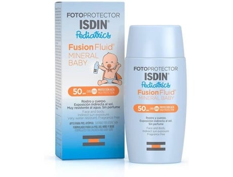 Fotoprotector Isdin Fusion fluid mineral baby spf 50 protector solar facial formulado para la piel de niños y filtros 100 apto 50+