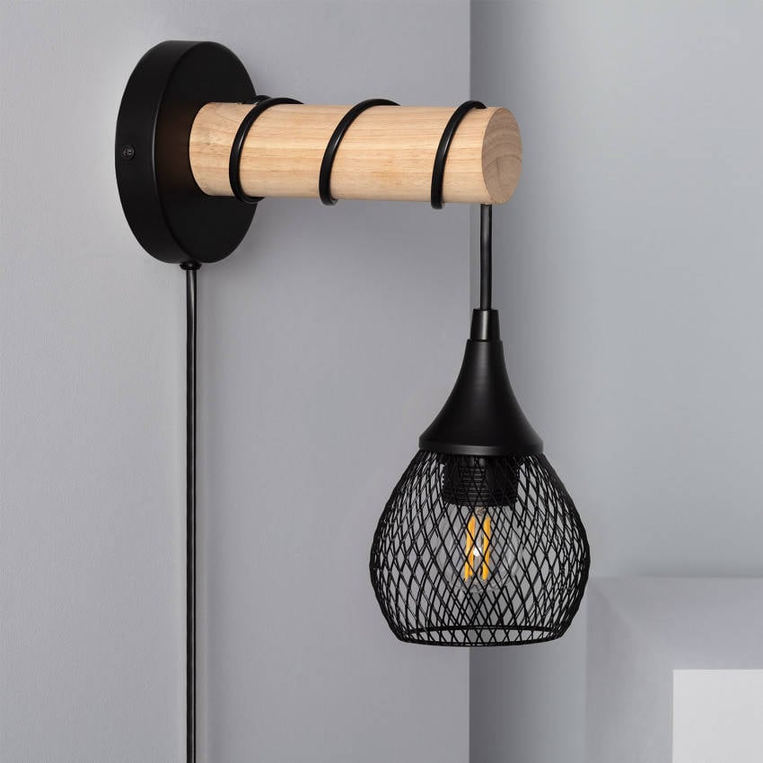 Ledkia Lighting Lámpara de madera y metal monah iluzzia 280x120x250 mm negro e27 casquillo gordo 28x23x12