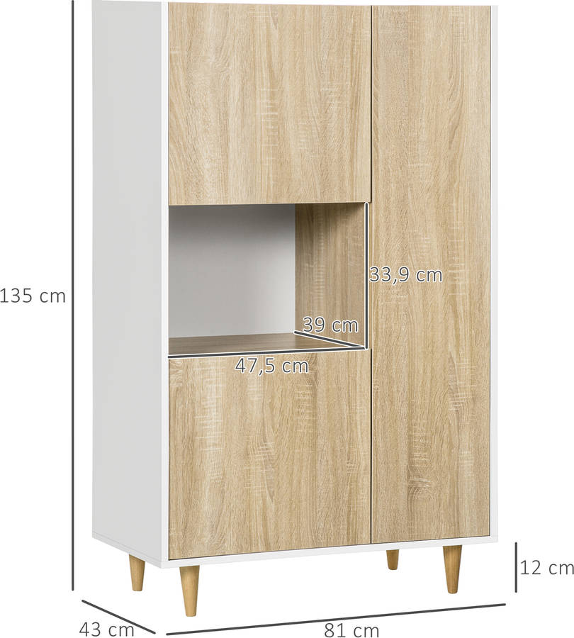 Aparador De Con 3 puertas y 6 compartimientos mueble buffet auxiliar patas elevadas para cocina dormitorio moderno 81x43x135 cm homcom armario almacenamiento