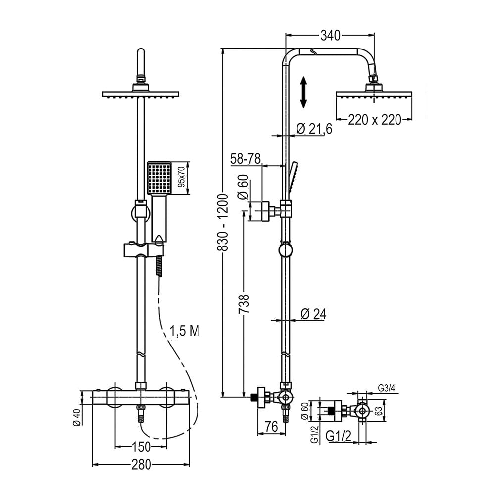 Columna Termostática Quad Black 83-120 Cm