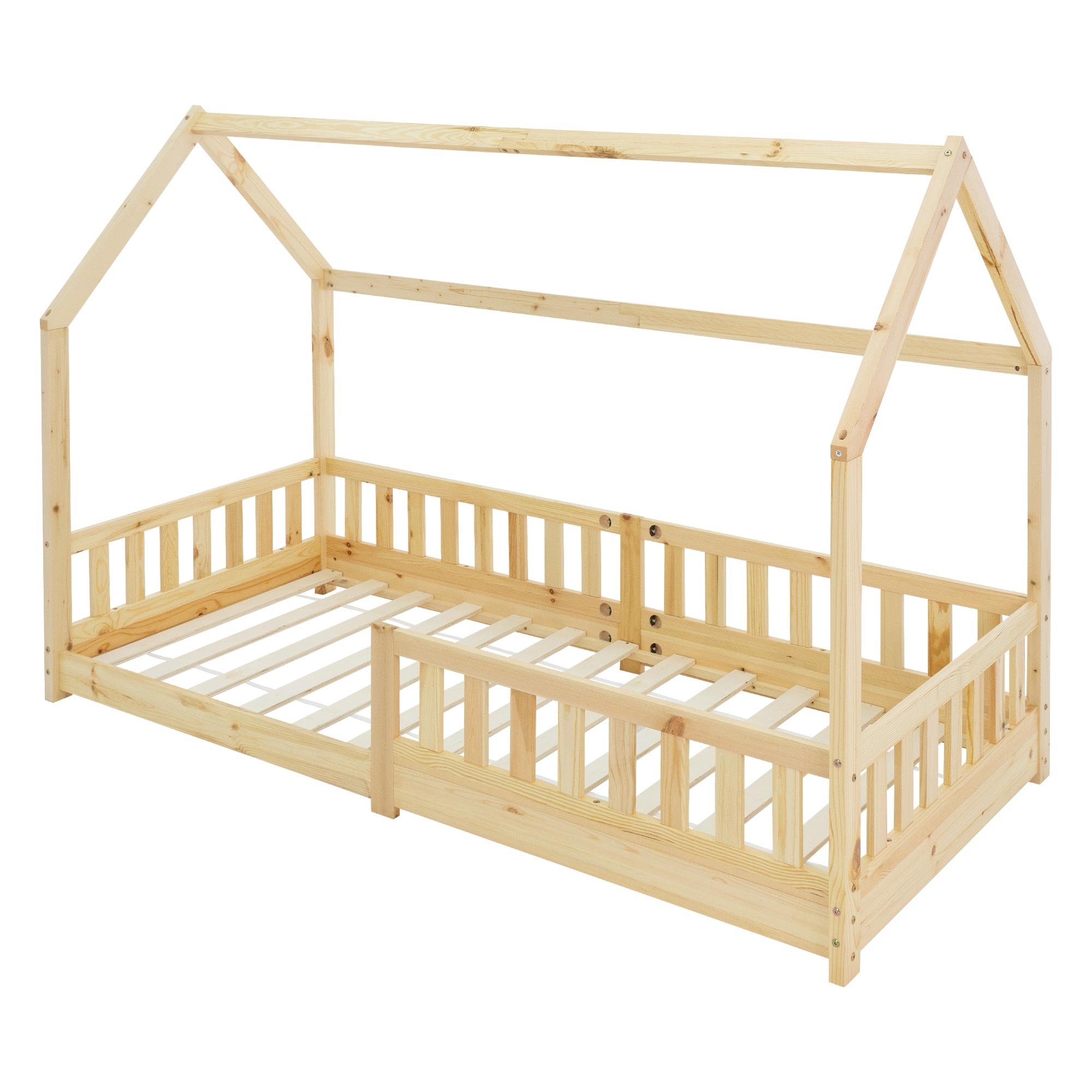 Cama Infantil Reja protectora estructura madera pino natural cuna 200x90cm listones contra la y el techo de 200x90 wood ml