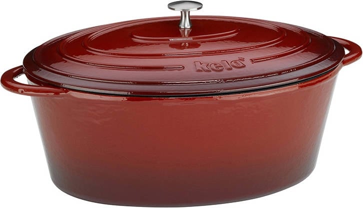 Kela 11943 Asador con tapa hierro fundido revestimiento esmaltado mantiene el calor apto para 95 l rojo