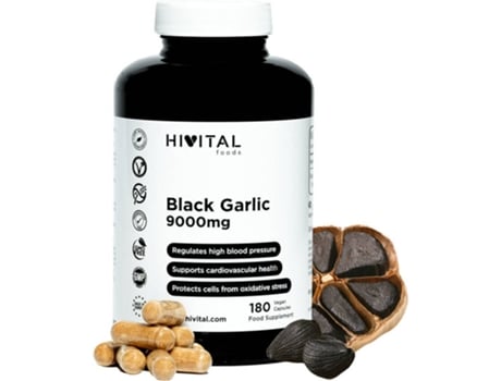 Complemento Alimentar Hivital ajo negro 180 cápsulas veganas 9000 mg. para 6 meses. extracto de sin olor allium sativum. antioxidante natural