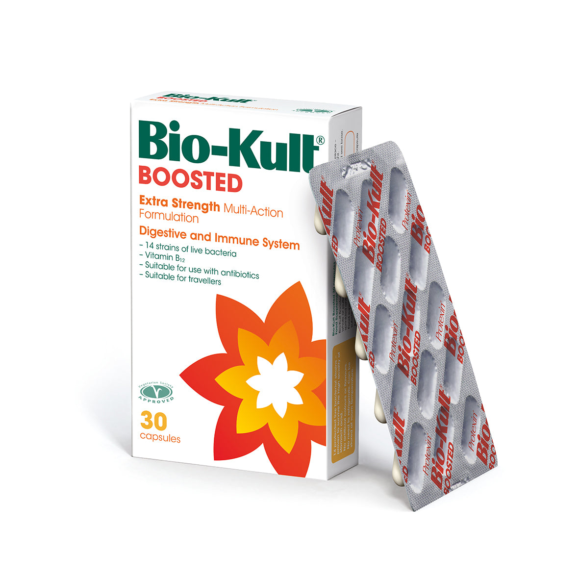 Biokult Boosted Suplemento alimenticio 30 14 cepas de bacterias vivas muy fuertes b12 30s