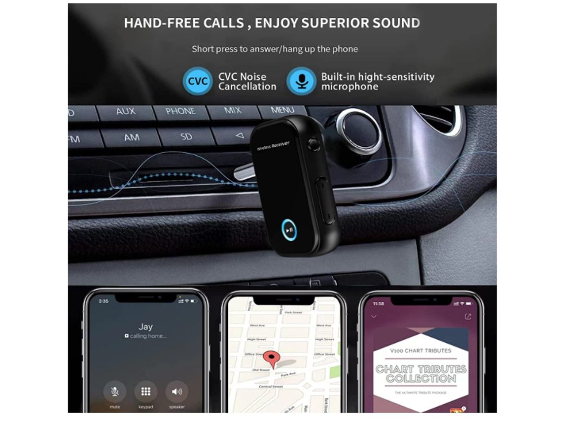 Receptor Bluetooth 5.0, adaptador auxiliar Bluetooth para coche con  cancelación de ruido/llamadas manos libres, miniadaptador de audio Bluetooth  inalámbrico de 3,5 mm para coche/estéreo doméstico/alta