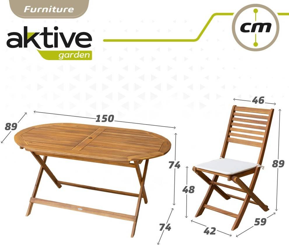 Aktive 61002 Conjunto mesa y sillas de madera para eucalipto 6 plegabl set muebles terraza acacia garden 150 89 74