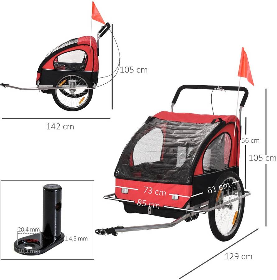 Remolque para bicicleta HOMCOM 2 plazas en Rojo