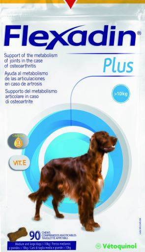 Complemento Alimenticio de Perros VÉTOQUINOL Flexadin Plus (90 Tabletas - Cuidados: - Razas Medianos y Grans)