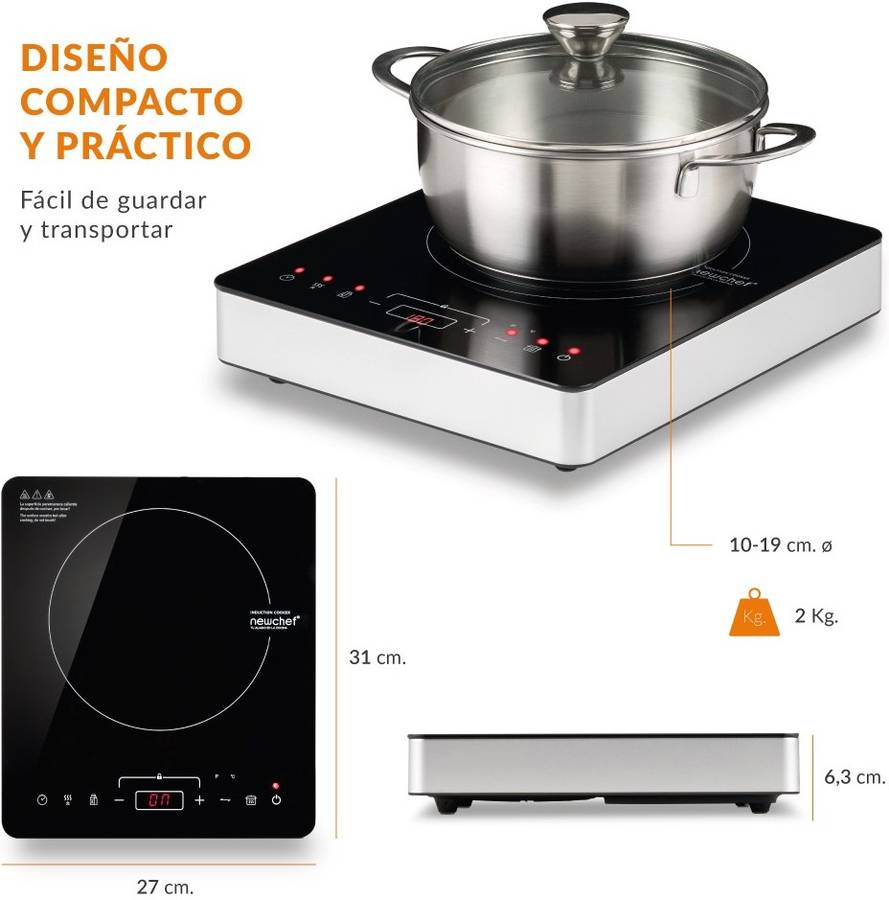 Placa de Inducción NEWCHEF Go2000 (Eléctrica - 31 cm - Negro y Blanco)