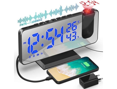 Reloj despertador de radio Espejo de proyección LED Modo de alarma Pantalla de modo de temperatura y humedad ajustable -A