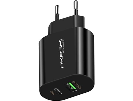 Cargador AKASHI ALTACQC20BLK (3A - USB-A + USB-C - Negro)