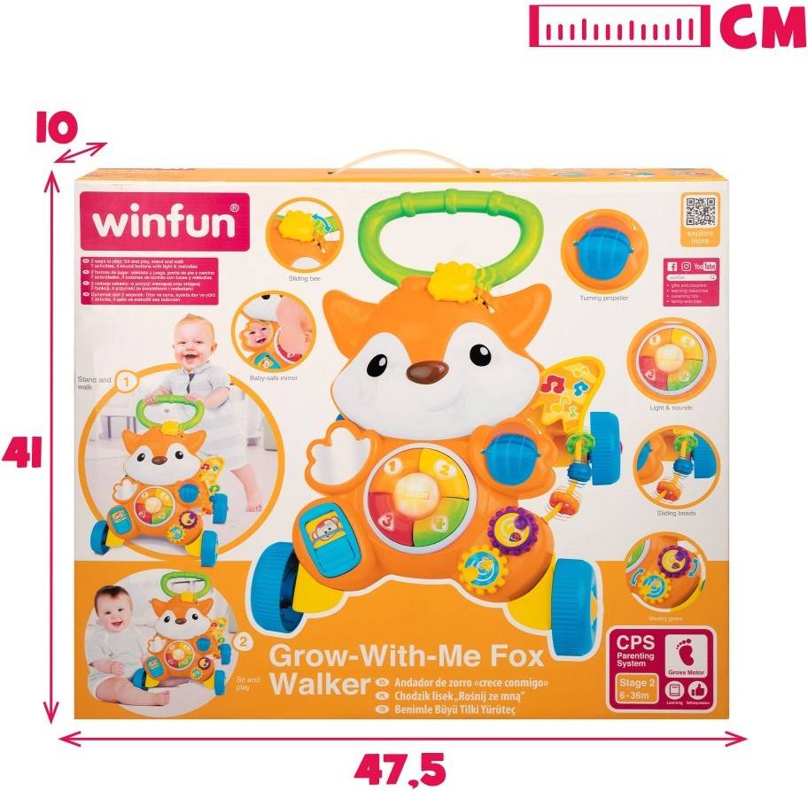 Andador Winfun Crece conmigo edad 6 meses correpasillos zorro luz y sonido español +6m 46882 en forma de caminador seguro firme