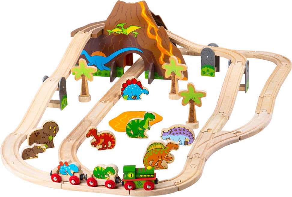 Bigjigs Rail Juego de rieles madera diseño dinosaurio 49 piezas juguete bjt035