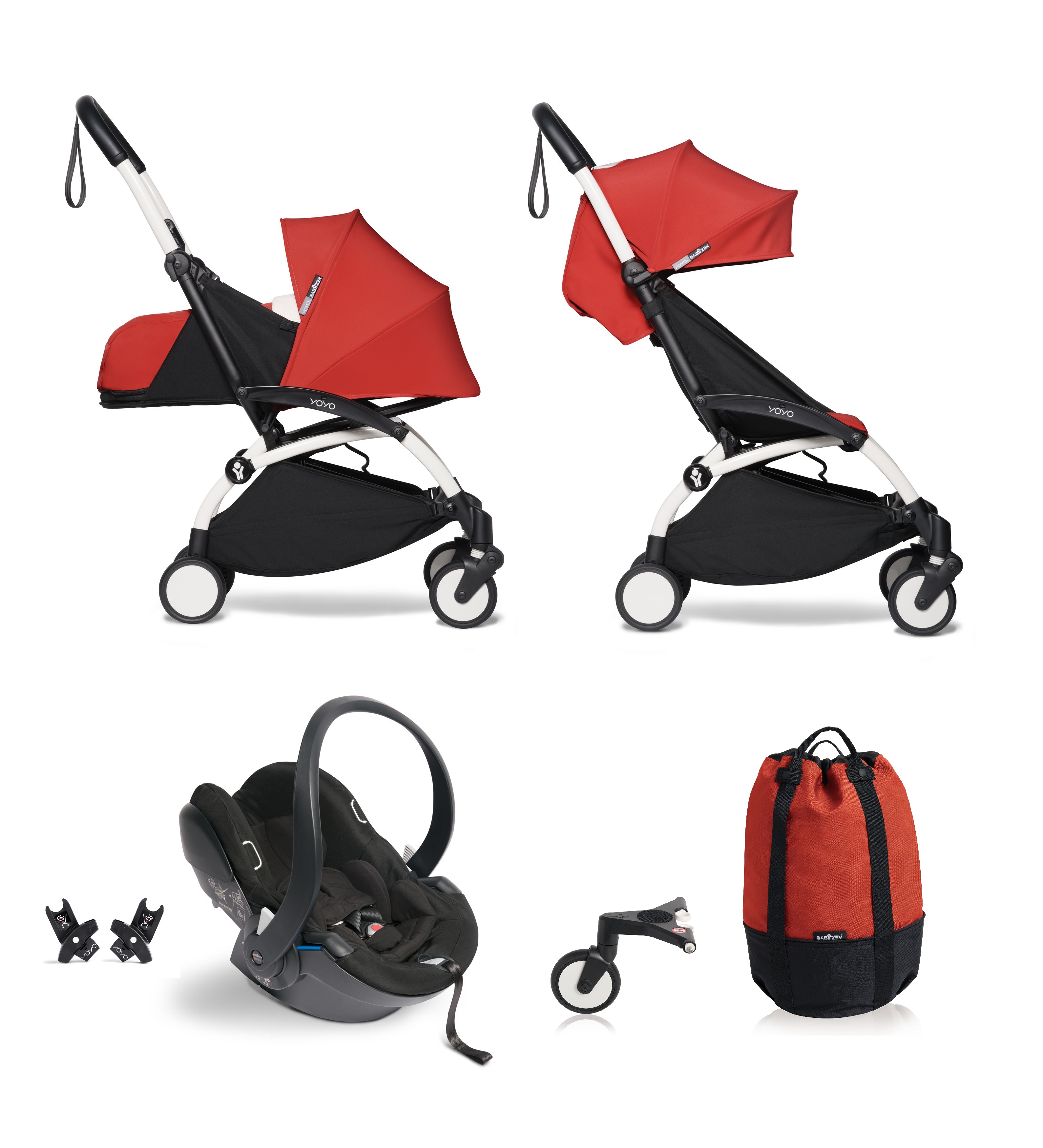 Silla de Paseo BABYZEN Yoyo² Completa Desde El Nacimiento, Incluida La Silla de Coche Yoyo² Besafe y La Bolsa Yoyo Roja con Estructura Blanca