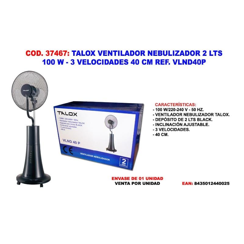 Talox ventilador nebulizador 2 lts.100w 3vel.40cm vlnd40p-fs1619