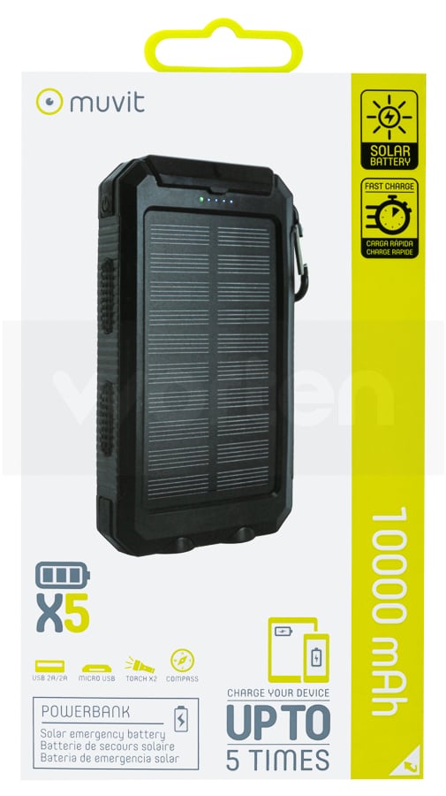 Muvit Powerbank Solar 10000 mah con linterna y brújula negra reacondicionado batería bank 10000mah 2 puertos usb 2a led. 10.000 8426801143173muvit muchp0111