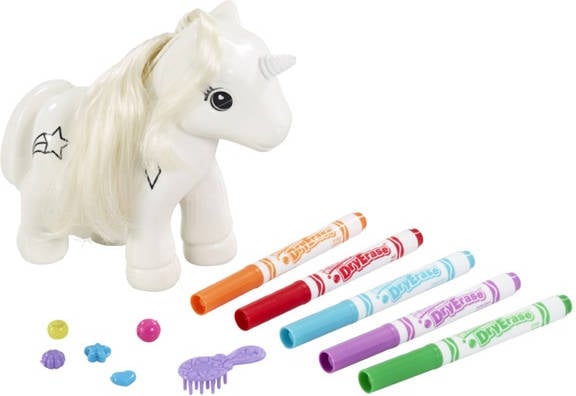 Crayola Unicornio Colorea y diseña juego de para pintar con rotuladores peine accesorios apto niños peluche poni blanco