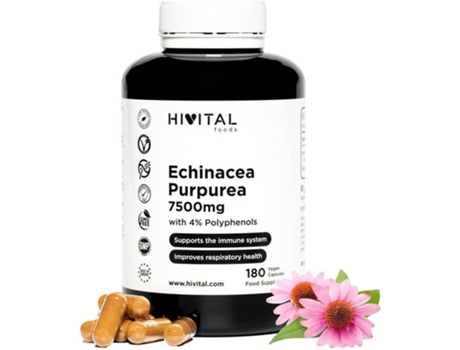 Complemento Alimentar Hivital purpurea 180 cápsulas veganas 7500 mg. para 6 meses. extracto echinacea con 4 polifenoles mejorar defensas y el sistema inmunitario