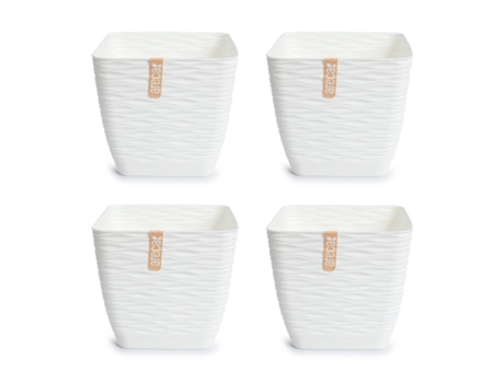 Set de 4 Macetas Decorativas Cuadradas 15 cm con Platos Integrados. Blanco Roto ARECA