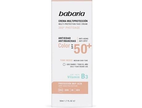 Protector Solar Facial BABARIA Crema multiprotectora con color SPF 50 (20 ml)