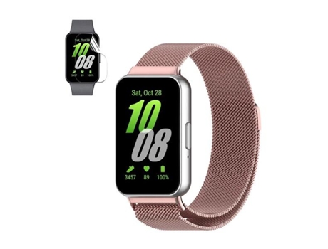 Kit Pulsera Milanesa con Cierre Magnético + Película de Hidrogel GIFT4ME para Samsung Galaxy Fit3 40mm - Rosa / Transparente