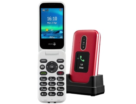 Doro 6880 4g de tapa mayores con teclas parlantes pantalla externa sos y base carga tel�fono clamshell rojo