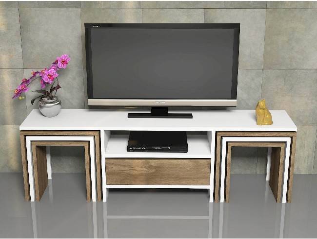 Mueble Tv Homemania zygo blanco nogal 140 x 30 418 cm con mesas de centro puerta compartimientos para salon en madera soporte nogaltarjeta revestido melamina pvc140 factory 6