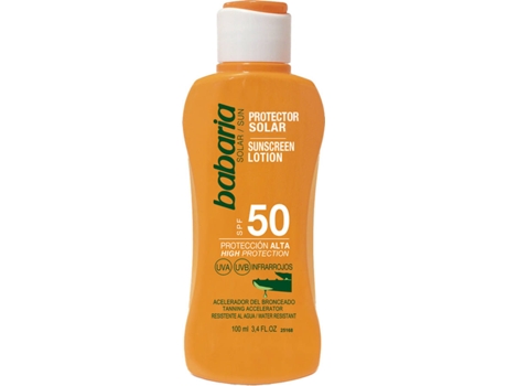 Protector Solar BABARIA Leche Aceleradora del Bronceado Aloe Vera SPF 50 (100 ml) - Tamaño Viaje