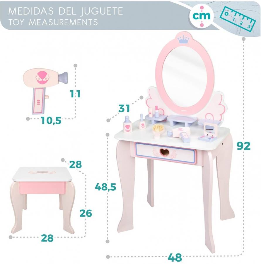 Tocador Woomax Madera con silla 3 años 48 31 92 cm niña de 48x31x92 28x28x26