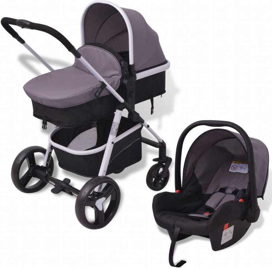 Cochecito De Bebé 3 en 1 gris y negro aluminio carrito 3en1