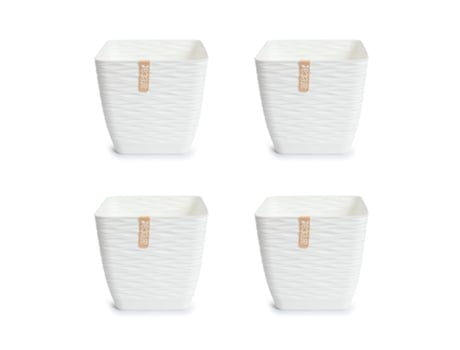 Set de 4 Macetas Decorativas Cuadradas 13 cm con Platos Integrados. Blanco Roto ARECA