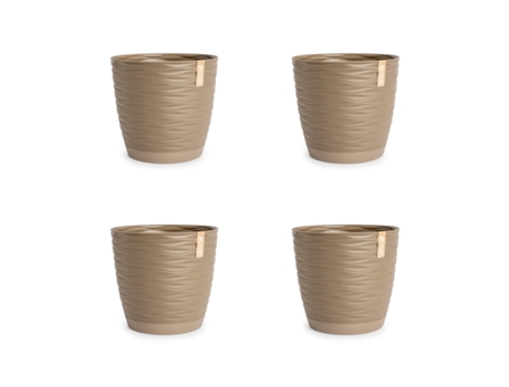 Set de 4 Macetas Decorativas Redondas 11 cm con Platos Integrados. Taupe ARECA