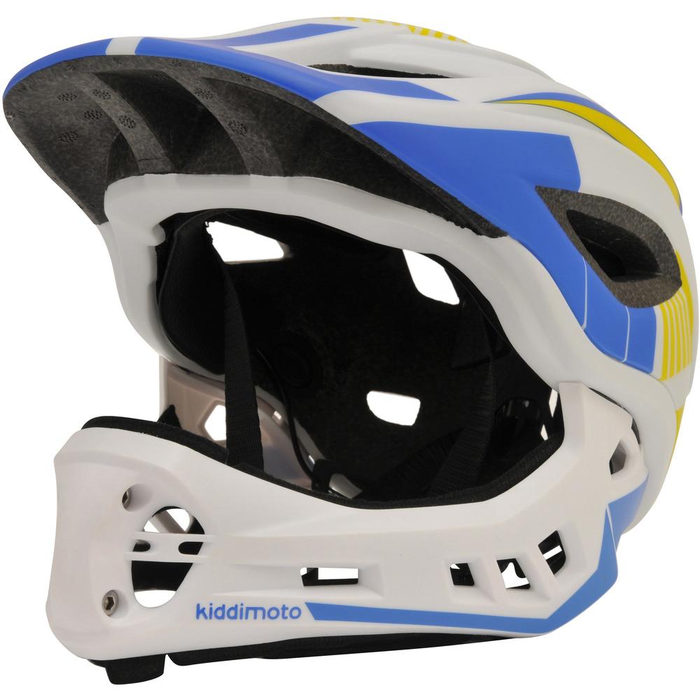 Kiddimoto Casco Integral para bicicleta patinete y con protector barbilla desmontable color amarillo naran blanco 4852