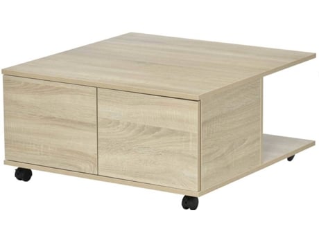 Homcom Mesa De centro movible con ruedas 2 estantes abiertos y cajones gran almacenaje 70x70x35 cm madera natural 839118nd 70 35