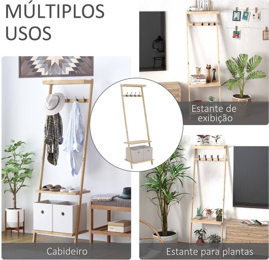 Perchero Zapatero De madera contra la pared 3 estantes 2 cajones tela y 4 ganchos colgar ropa recibidor entrada 55x37x173 cm homcom bolsas natural 55x37x173cm 837195bg