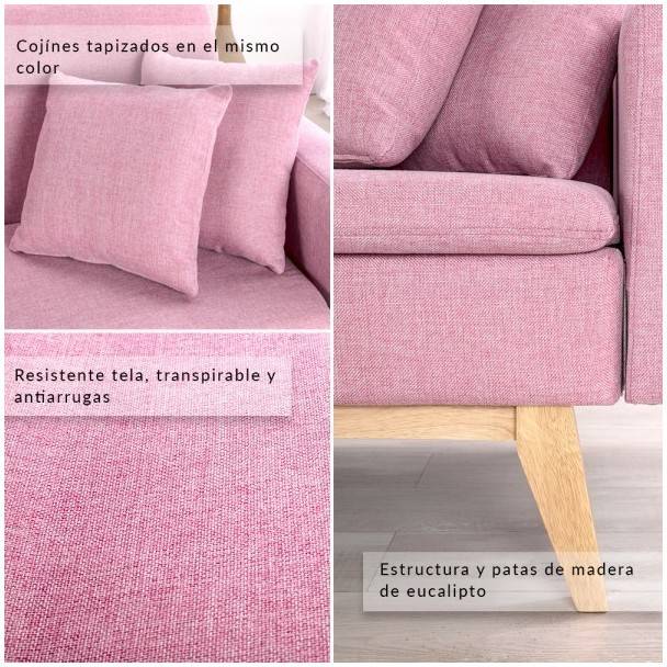 Don Descanso Sofá cama 3 plazas reine tapizado en tela color rosa sistema apertura libro o clicclac 201