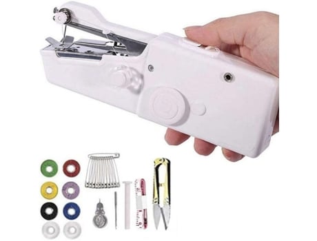 Mini máquina de coser esencial inalámbrica de mano para manualidades de costura caseras rápidas, color blanco BISBISOUS