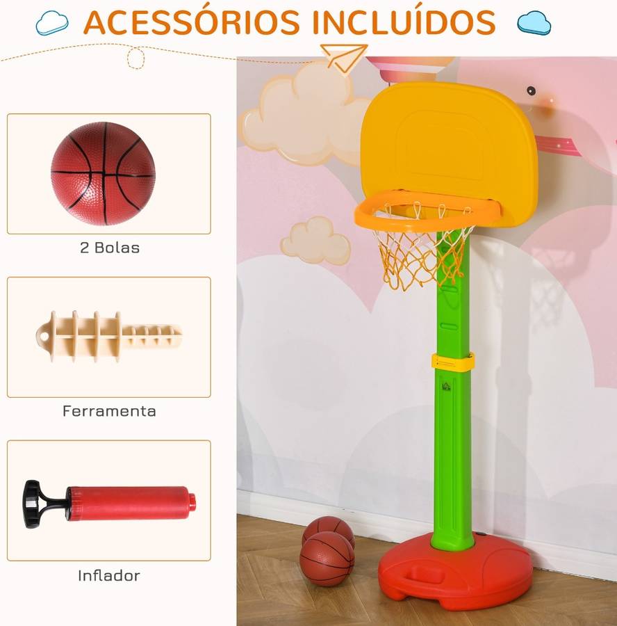 Canasta Baloncesto Infantil homcom multicolor 525x44x160 cm con altura ajustable 2 pelotas inflador para niños +3 años juguetes deportivos en