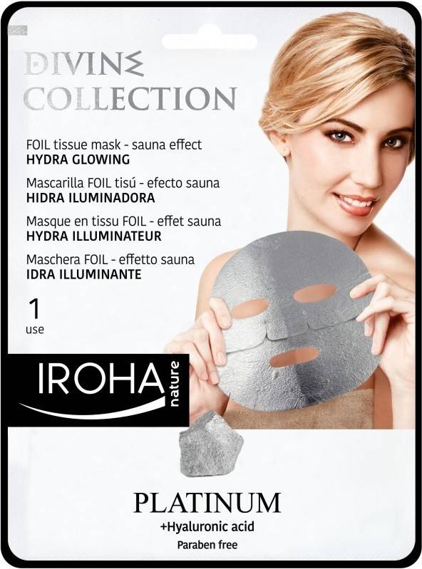 Iroha Nature Mascarilla facial divine foil hidra iluminadora efecto sauna con y 1 unidad glowing platinum tissue hydraglowing