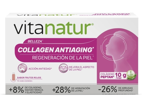 Vitanatur Collagen Antiaging. complemento alimenticio que ayuda la regeneración de piel con antiedad. sabor frutos rojos 10 viales bebibles suplemento antienvejecimiento