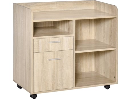 Vinsetto Armario Para impresora carro multifuncional de oficina con 3 compartimentos 2 cajones archivos estante ajustable ruedas frenos 80x40x72 cm roble 924034ak